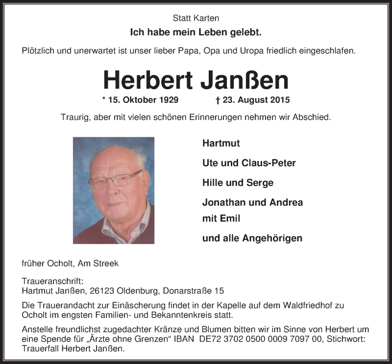  Traueranzeige für Herbert Janßen vom 25.08.2015 aus Nordwest-Zeitung