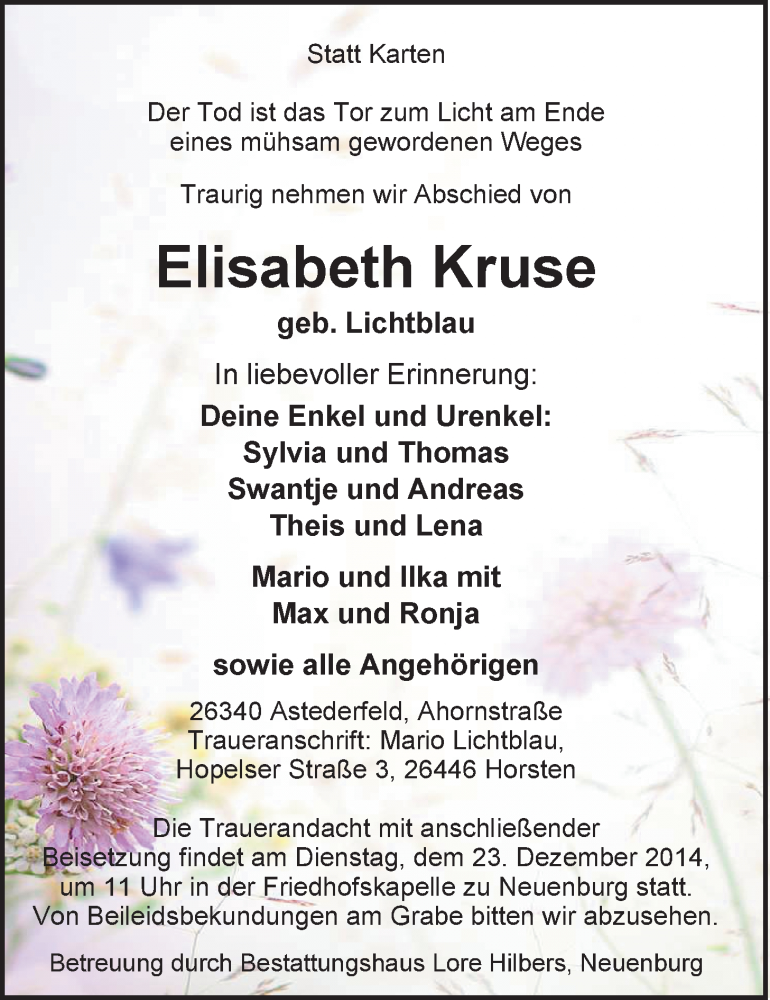  Traueranzeige für Elisabeth Kruse vom 18.12.2014 aus Nordwest-Zeitung