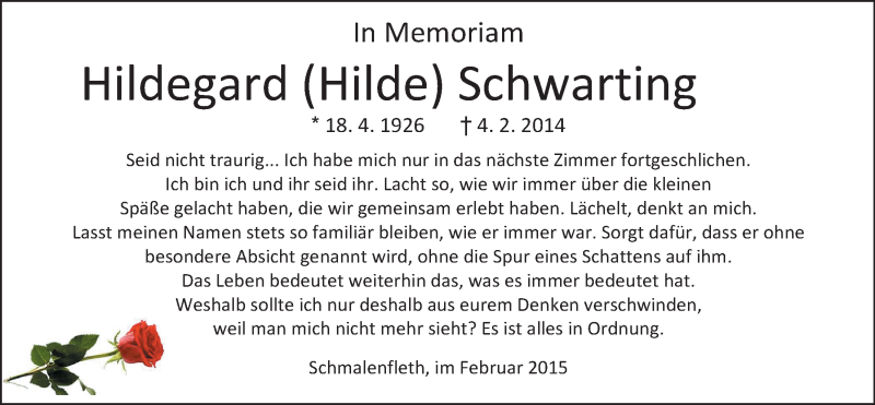  Traueranzeige für Hildegard  Schwarting vom 07.02.2015 aus Nordwest-Zeitung