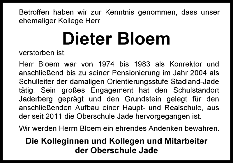  Traueranzeige für Dieter Bloem vom 23.04.2015 aus Nordwest-Zeitung