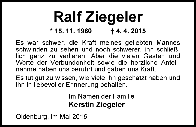  Traueranzeige für Ralf Ziegeler vom 30.05.2015 aus Nordwest-Zeitung