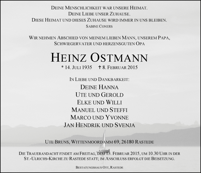 Traueranzeige für Heinz Ostmann vom 11.02.2015 aus Nordwest-Zeitung