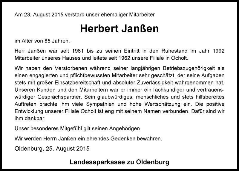  Traueranzeige für Herbert Janßen vom 25.08.2015 aus Nordwest-Zeitung