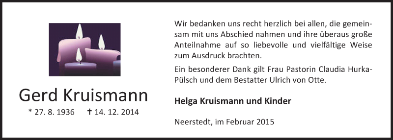  Traueranzeige für Gerd Kruismann vom 14.02.2015 aus Nordwest-Zeitung