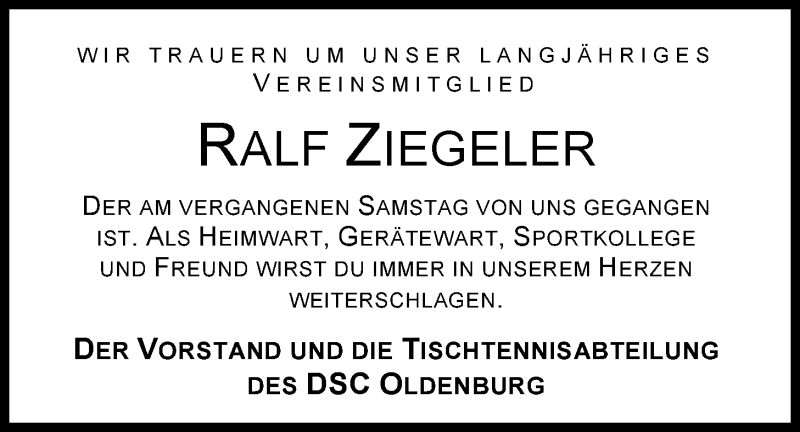  Traueranzeige für Ralf Ziegeler vom 09.04.2015 aus Nordwest-Zeitung