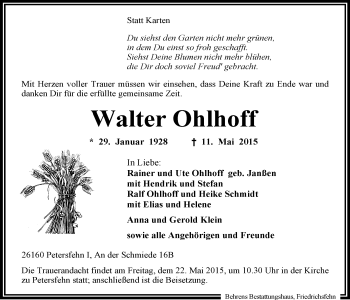 Traueranzeigen Von Walter Ohlhoff Nordwest Trauer De