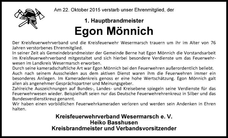  Traueranzeige für Egon Mönnich vom 27.10.2015 aus Nordwest-Zeitung