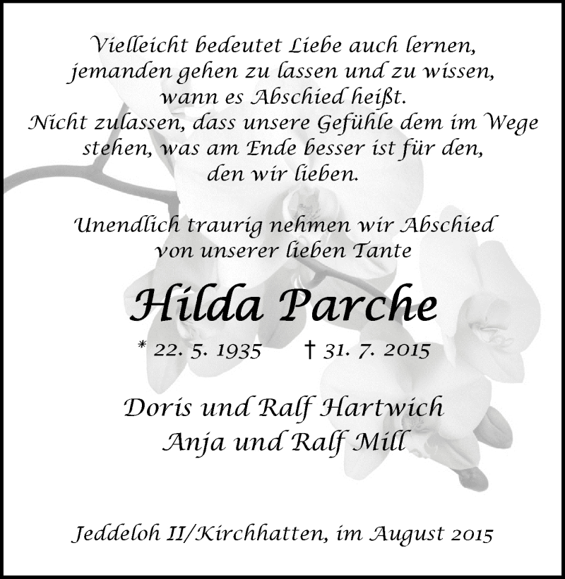 Traueranzeigen Von Hilda Parche Nordwest Trauer De