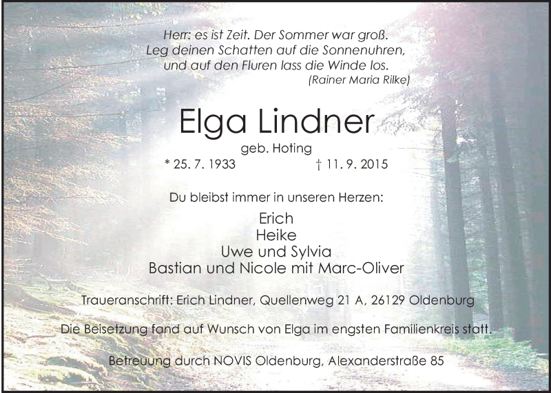  Traueranzeige für Elga Lindner vom 17.10.2015 aus Nordwest-Zeitung