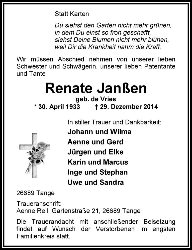  Traueranzeige für Renate Janßen vom 30.12.2014 aus Nordwest-Zeitung