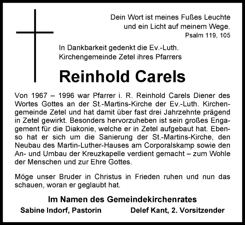  Traueranzeige für Reinhold Carels vom 11.07.2015 aus Nordwest-Zeitung