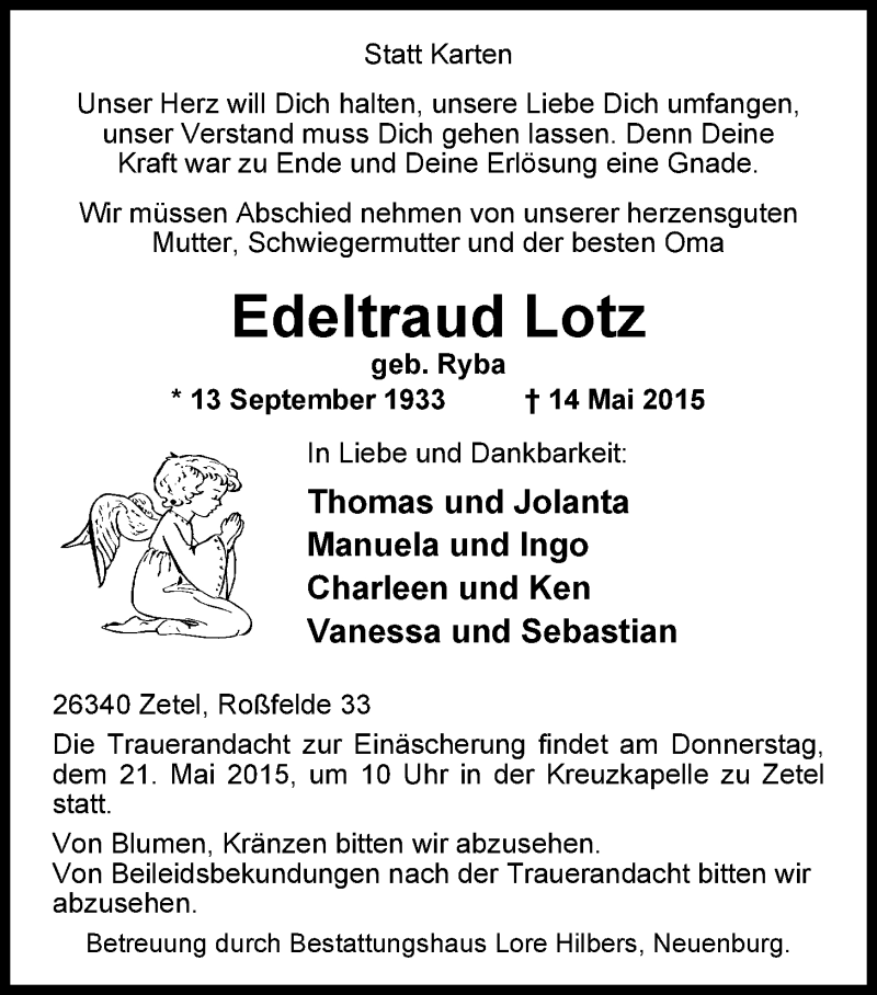 Traueranzeige für Edeltraud Lotz vom 16.05.2015 aus Nordwest-Zeitung