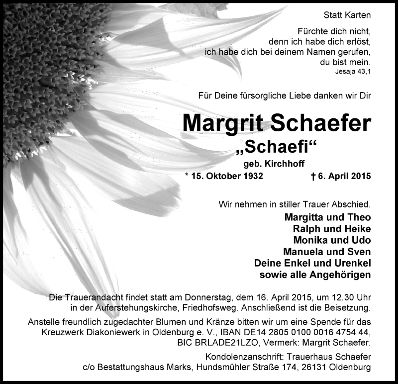  Traueranzeige für Margrit Schaefer vom 09.04.2015 aus Nordwest-Zeitung