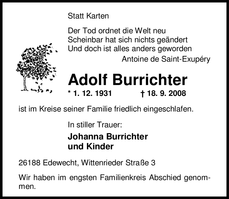  Traueranzeige für Adolf Burrichter vom 04.10.2008 aus Nordwest-Zeitung