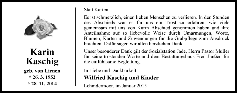  Traueranzeige für Karin Kaschig vom 10.01.2015 aus Nordwest-Zeitung