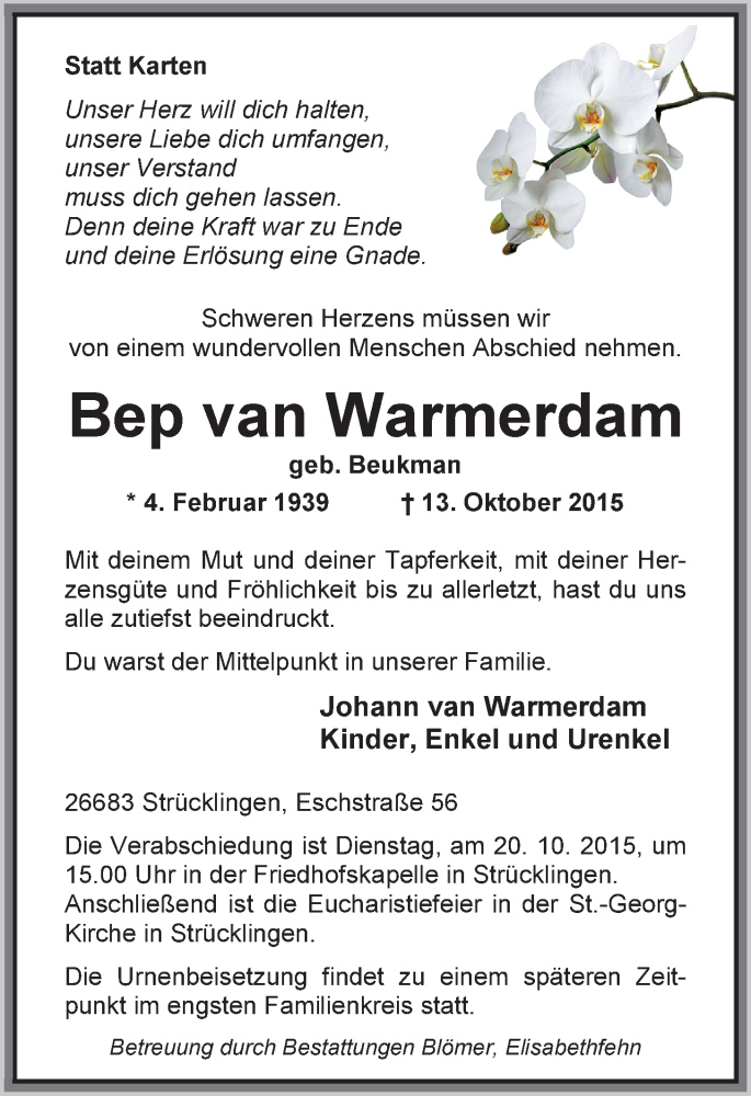  Traueranzeige für Bep van Warmerdam vom 15.10.2015 aus Nordwest-Zeitung