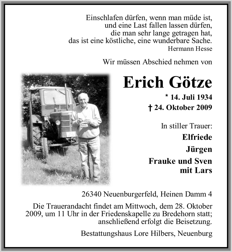  Traueranzeige für Erich Götze vom 26.10.2009 aus Nordwest-Zeitung