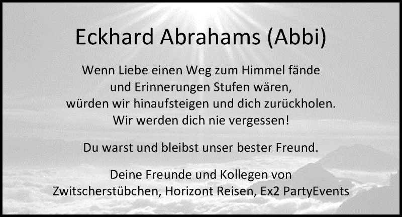  Traueranzeige für Eckhard Abrahams vom 17.01.2015 aus Nordwest-Zeitung