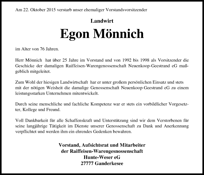  Traueranzeige für Egon Mönnich vom 26.10.2015 aus Nordwest-Zeitung