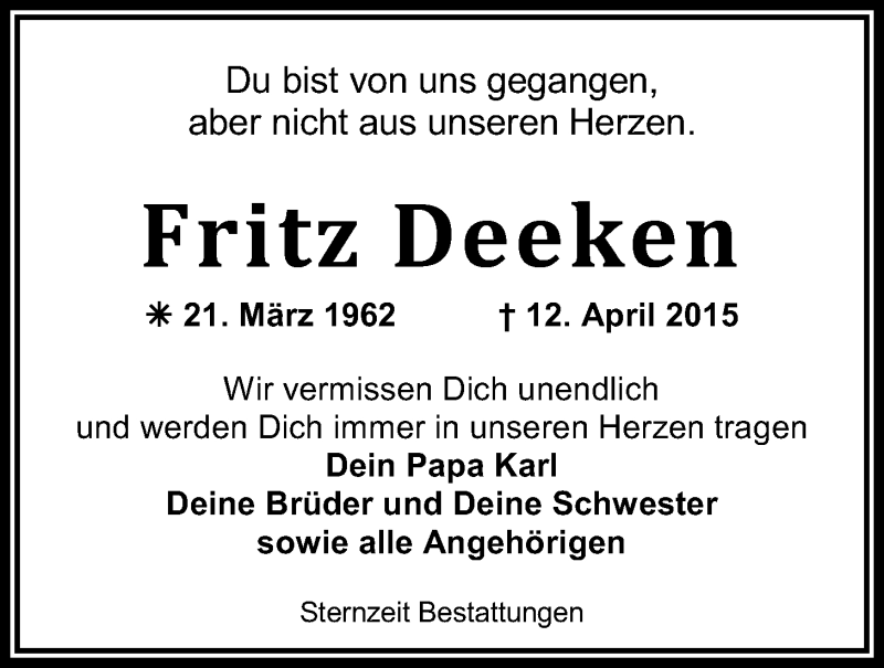 Traueranzeigen Von Fritz Deeken Nordwest Trauer De