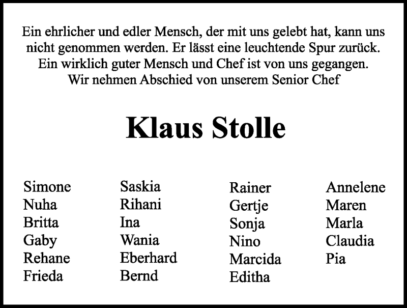  Traueranzeige für Klaus Stolle vom 16.05.2015 aus Nordwest-Zeitung