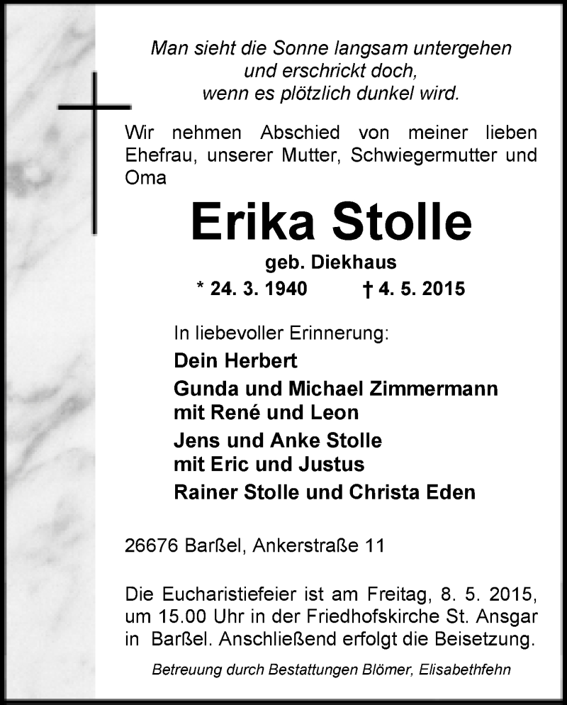 Traueranzeigen Von Erika Stolle Nordwest Trauer De