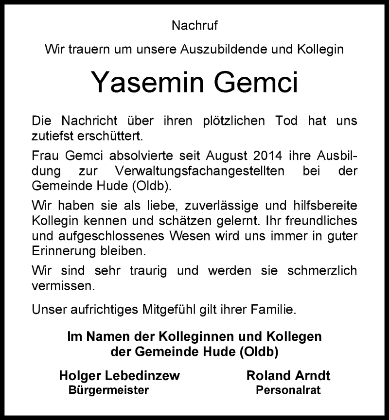  Traueranzeige für Yasemin Gemci vom 24.10.2015 aus Nordwest-Zeitung