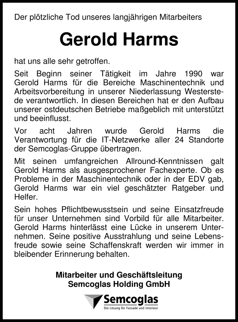  Traueranzeige für Gerold Harms vom 16.07.2008 aus Nordwest-Zeitung