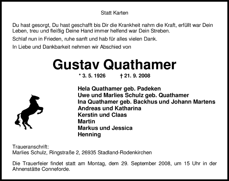 Traueranzeigen Von Gustav Quathamer Nordwest Trauer De