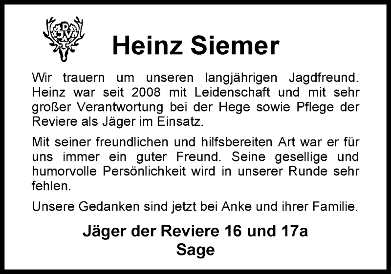  Traueranzeige für Heinz Siemer vom 10.06.2015 aus Nordwest-Zeitung
