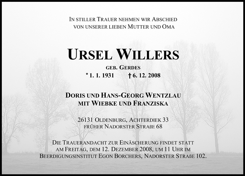 Traueranzeigen Von Ursel Willers Nordwest Trauer De