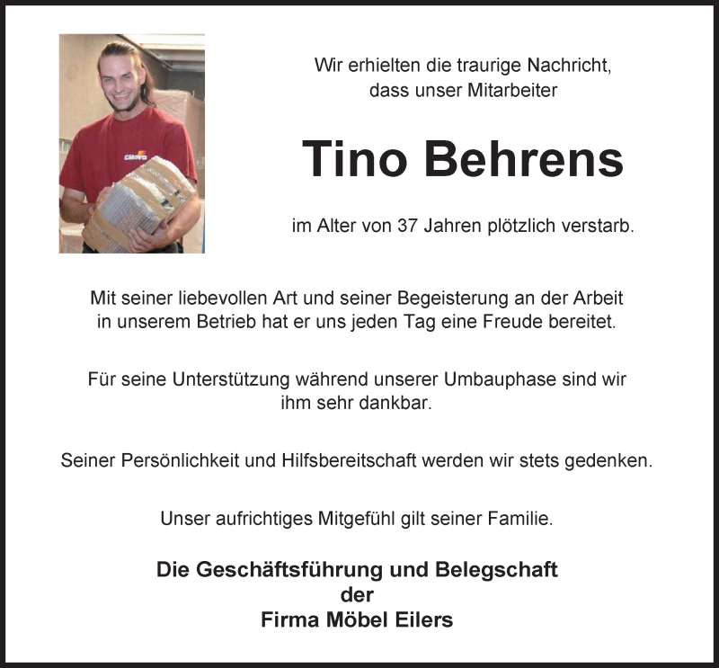  Traueranzeige für Tino Behrens vom 12.02.2015 aus Nordwest-Zeitung