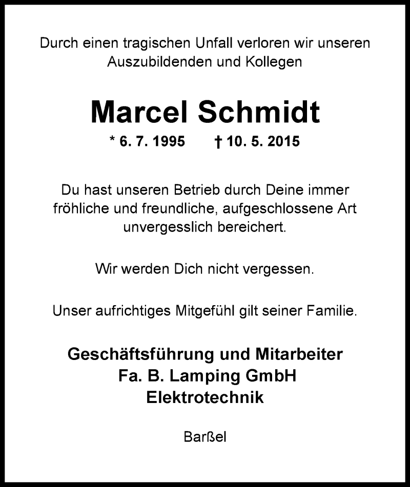  Traueranzeige für Marcel Schmidt vom 13.05.2015 aus Nordwest-Zeitung