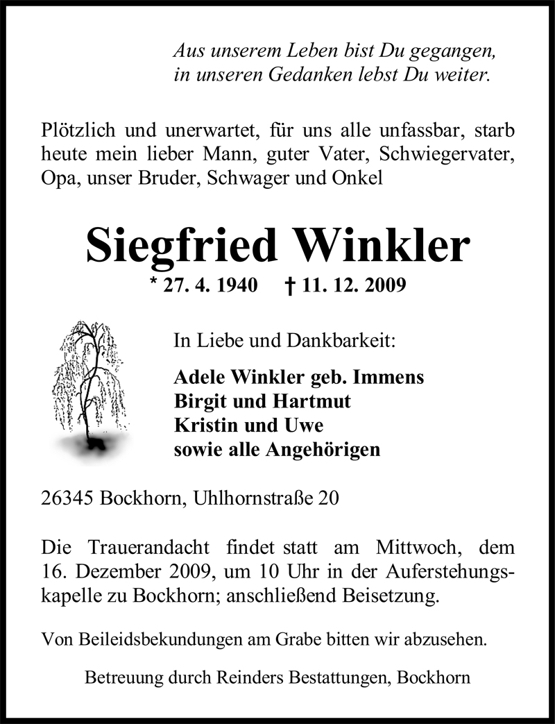 Traueranzeige für Siegfried Winkler vom 14.12.2009 aus Nordwest-Zeitung