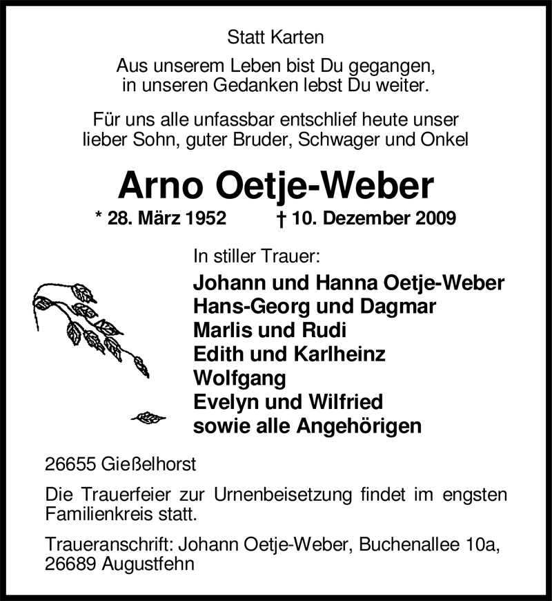  Traueranzeige für Arno Oetje-Weber vom 15.12.2009 aus Nordwest-Zeitung