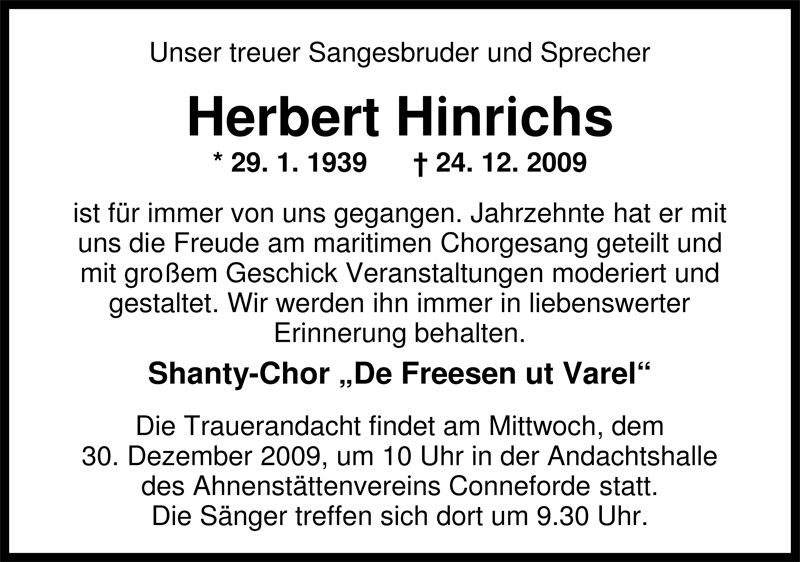  Traueranzeige für Herbert Hinrichs vom 28.12.2009 aus Nordwest-Zeitung