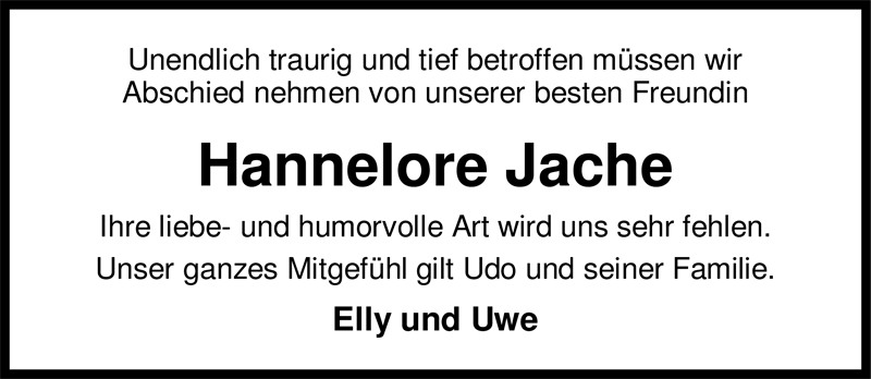  Traueranzeige für Hannelore Jache vom 05.01.2010 aus Nordwest-Zeitung