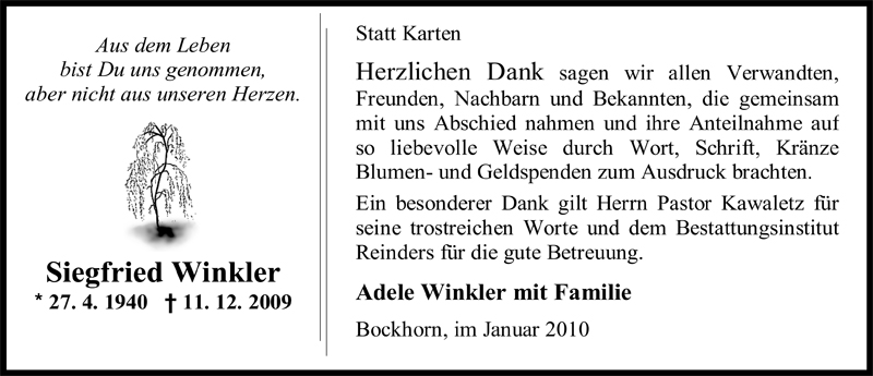 Traueranzeige für Siegfried Winkler vom 09.01.2010 aus Nordwest-Zeitung