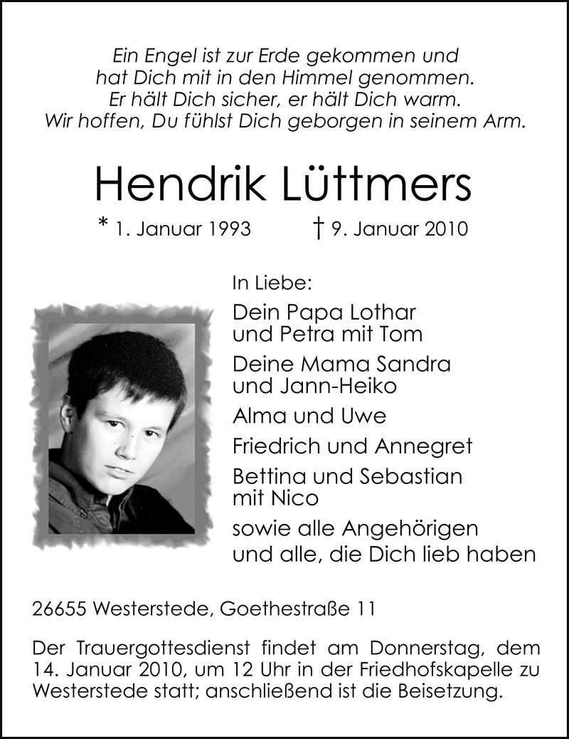 Traueranzeige für Hendrik Lüttmers vom 12.01.2010 aus Nordwest-Zeitung