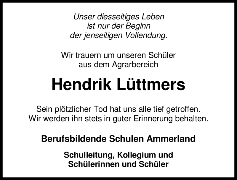  Traueranzeige für Hendrik Lüttmers vom 13.01.2010 aus Nordwest-Zeitung