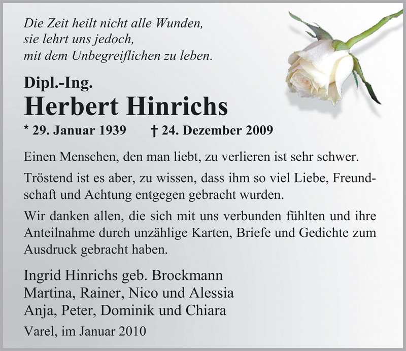  Traueranzeige für Herbert Hinrichs vom 29.01.2010 aus Nordwest-Zeitung