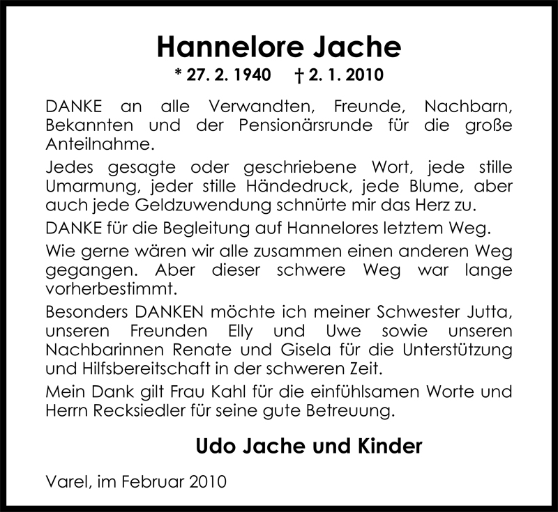 Traueranzeige für Hannelore Jache vom 06.02.2010 aus Nordwest-Zeitung