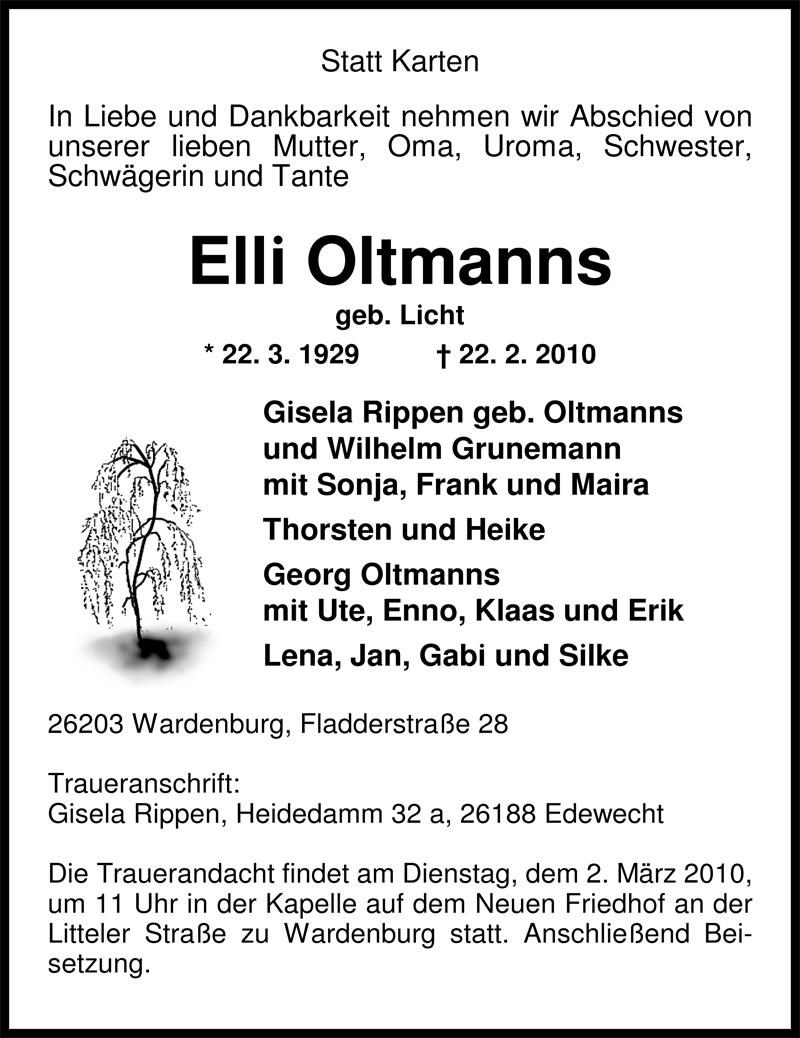  Traueranzeige für Elli Oltmanns vom 26.02.2010 aus Nordwest-Zeitung