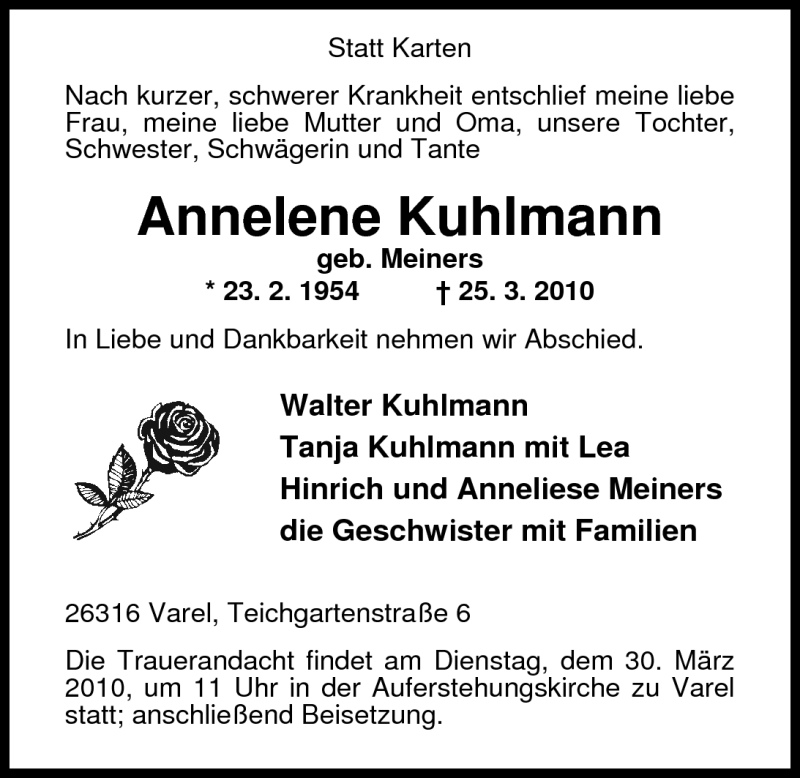 Traueranzeigen Von Annelene Kuhlmann Nordwest Trauer De