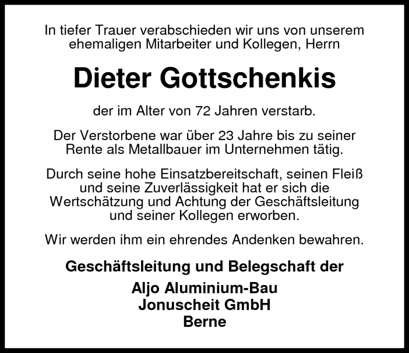  Traueranzeige für Dieter Gottschenkis vom 30.03.2010 aus Nordwest-Zeitung