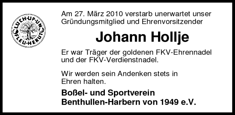 Traueranzeigen Von Johann Hollje Nordwest Trauer De