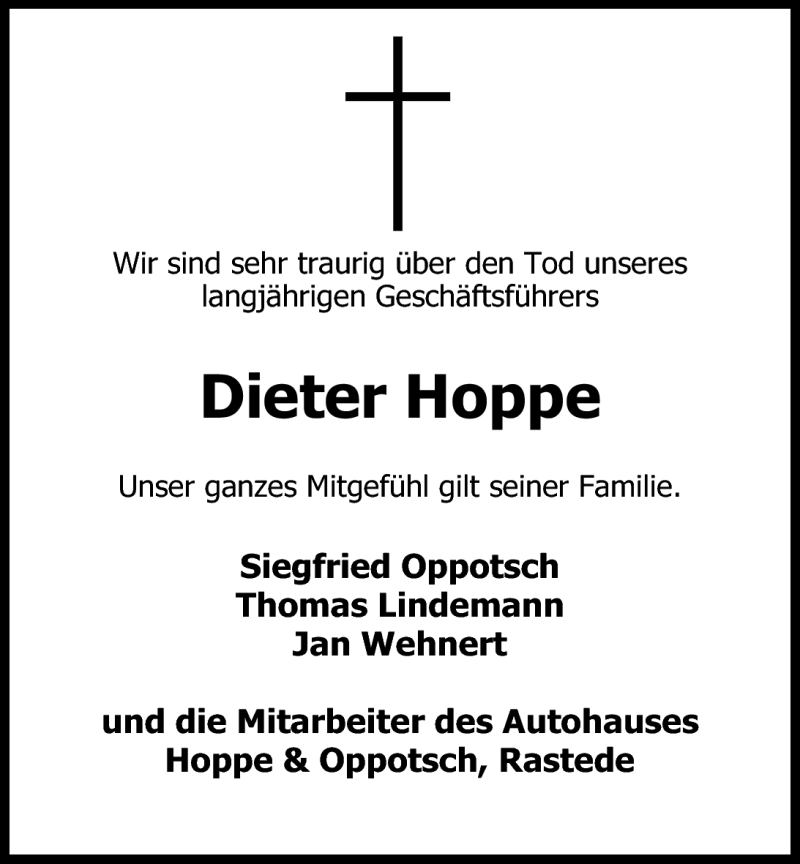  Traueranzeige für Dieter Hoppe vom 09.04.2010 aus Nordwest-Zeitung