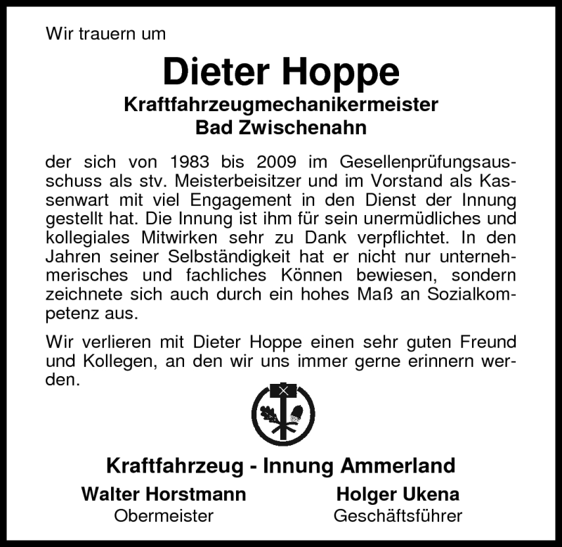  Traueranzeige für Dieter Hoppe vom 09.04.2010 aus Nordwest-Zeitung