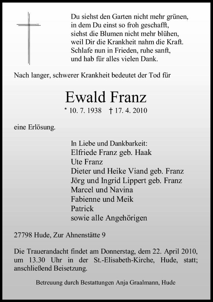  Traueranzeige für Ewald Franz vom 19.04.2010 aus Nordwest-Zeitung