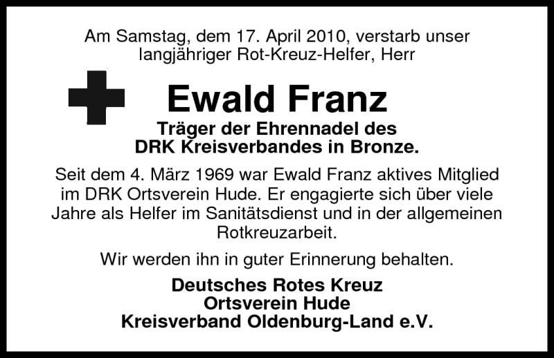  Traueranzeige für Ewald Franz vom 20.04.2010 aus Nordwest-Zeitung